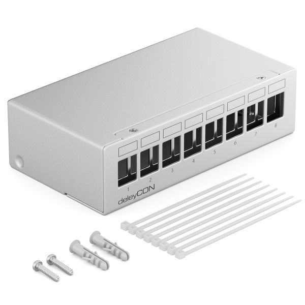 deleyCON 8 Port Patchpanel Gehäuse 1HE Keystone Module mit z.B. RJ45 BNC Grau