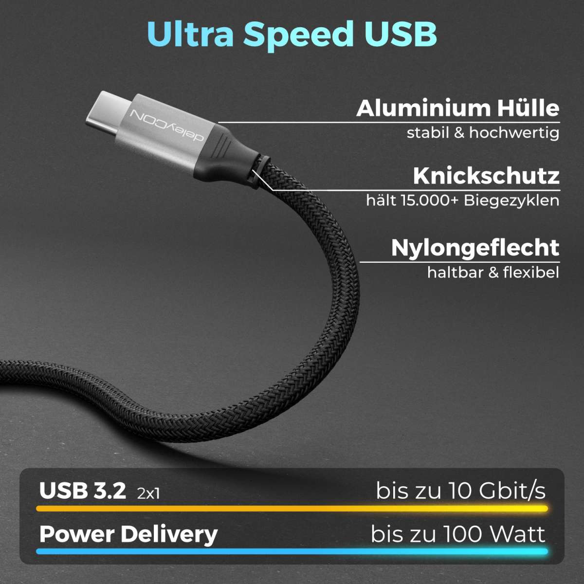 Câble USB-C Coudé 90° 100W DeleyCON – Charge Rapide PD 3.0, Gaine Nylon, Pour IPhone, MacBook, Samsung, Etc.