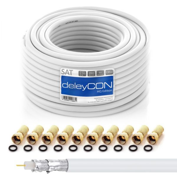 deleyCON 20m HQ SAT Kabel HDTV 130dB 4x geschirmt + 10x F-Stecker - vergoldet