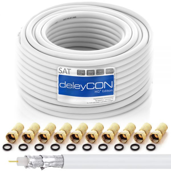 deleyCON 20m HQ+ SAT Kabel HDTV 135dB 5x geschirmt + 10x F-Stecker - vergoldet