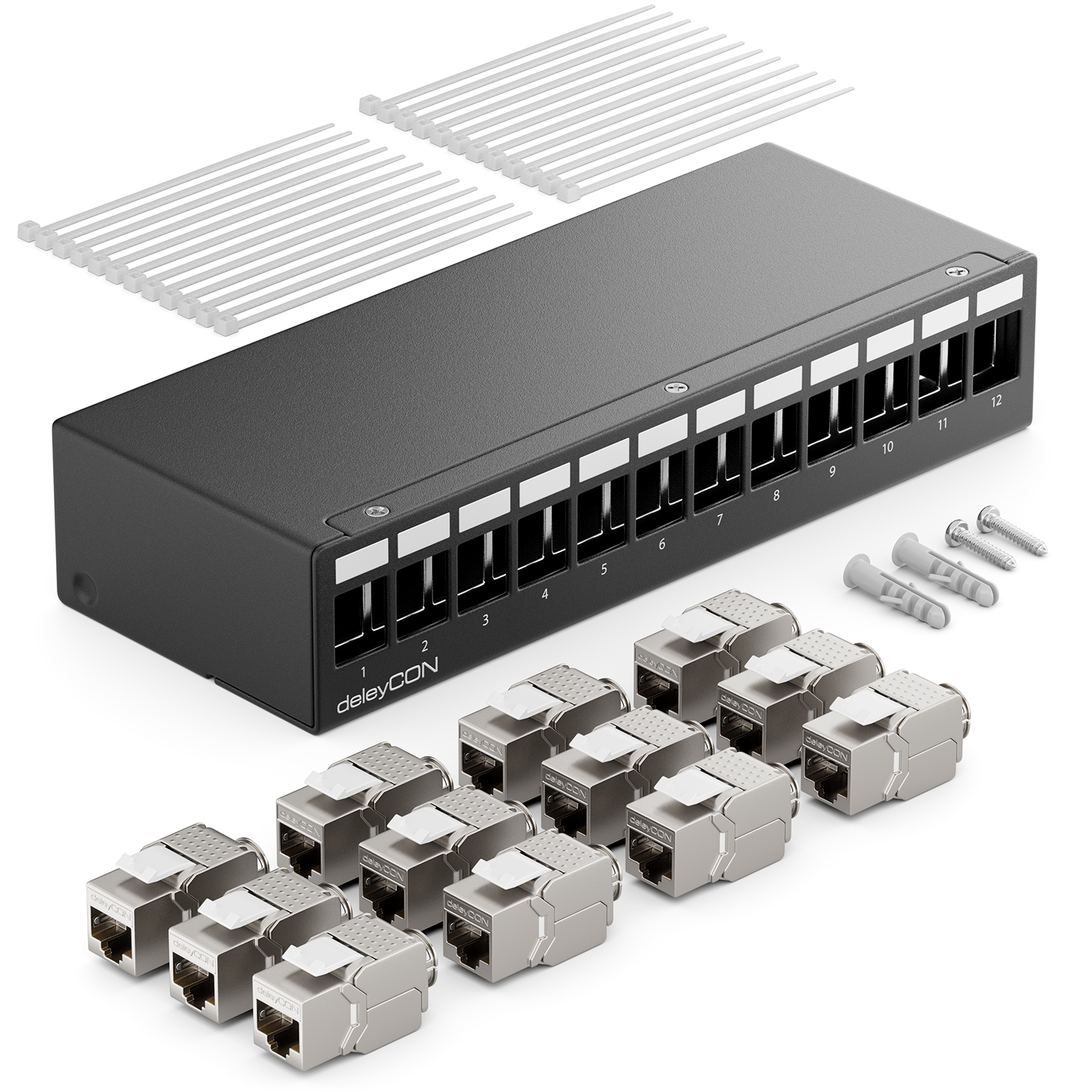 HB-DIGITAL 12-Port Patchpanel 1 HE – CAT 7 Keystone Module, Vollgeschirmt (STP), 10 Gbps, Inkl. 12x RJ45 Modulen, Schwarz