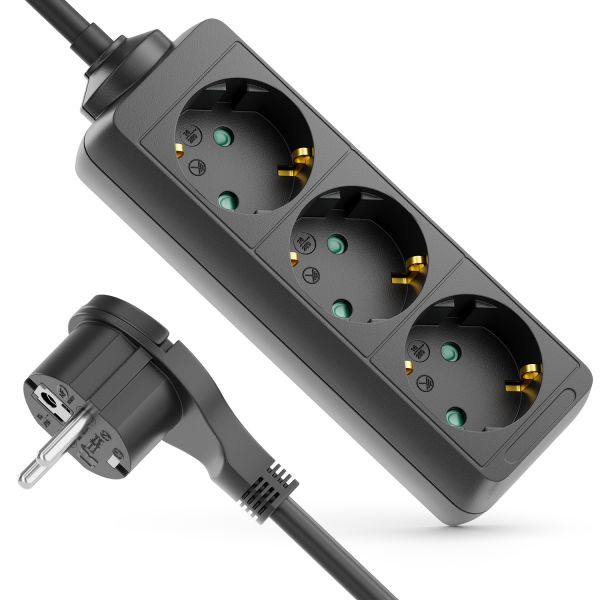 deleyCON 3 Fach Steckdosenleiste mit Flachstecker Stromleiste 1,4m Kabel Schwarz