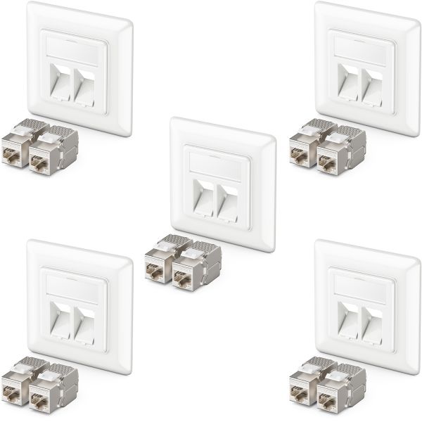 deleyCON 5x Keystone Dose Netzwerkdose mit 10x CAT 6a Keystone Jack Modul weiß