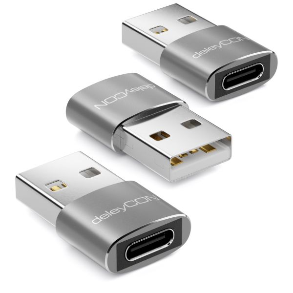 deleyCON 3x USB2.0 Mini Adapter USB zu USB C-Buchse Notebook Aluminium Silber