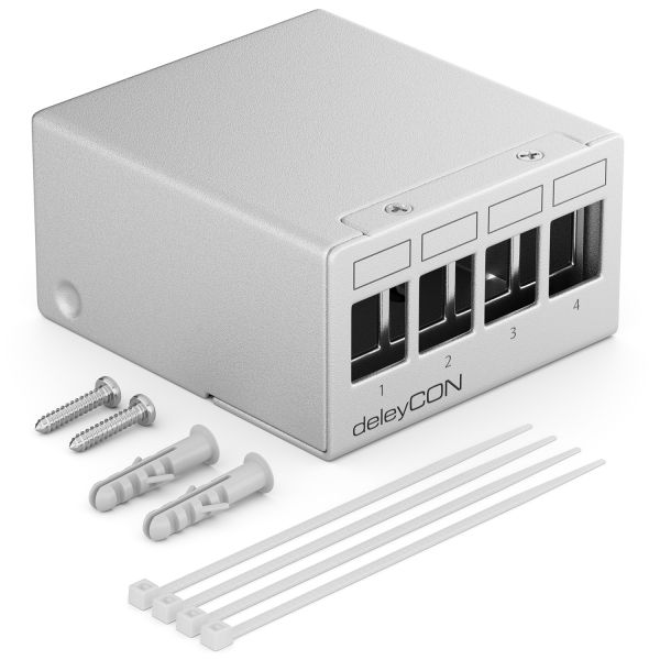 deleyCON 4 Port Patchpanel Gehäuse 1HE Keystone Module mit z.B. RJ45 BNC Grau