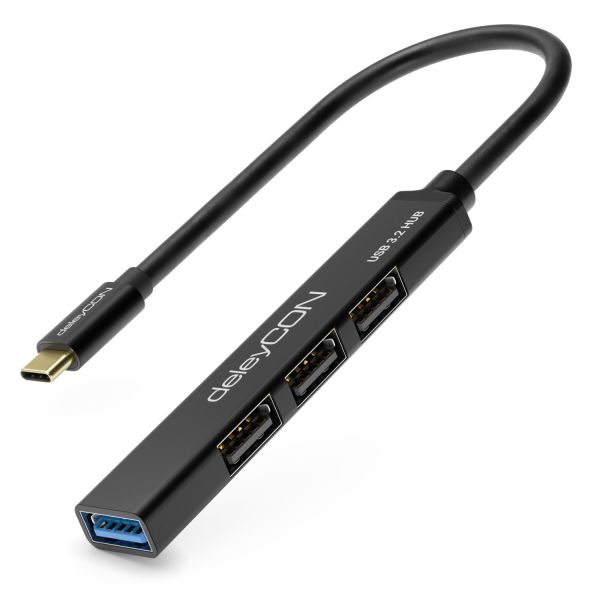 deleyCON USB HUB 4 Port 4x USB A 1xUSB3.0 &amp; 3xUSB2.0 mit USB C Stecker Schwarz