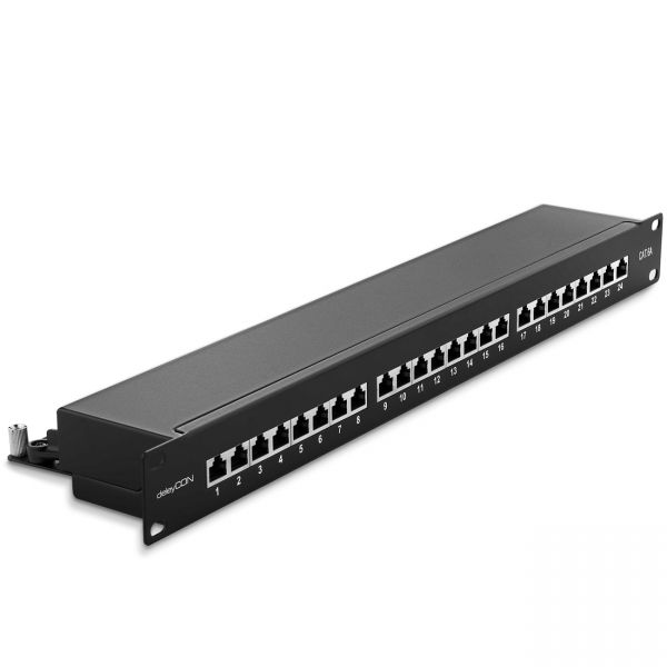 deleyCON CAT 6a Patchpanel 24 Port / 19" Rack Server geschirmt 24x RJ45 Schwarz