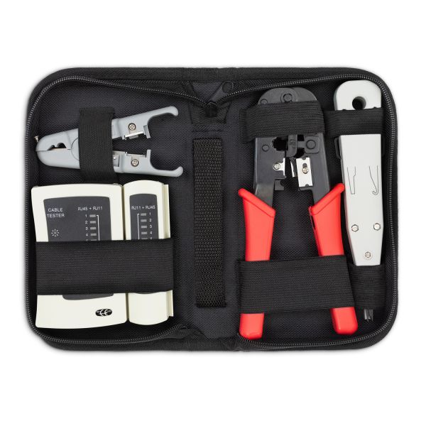 deleyCON 4-teiliges Netzwerk Werkzeug Set Mit Tasche LAN CAT Werkzeug RJ11 RJ12