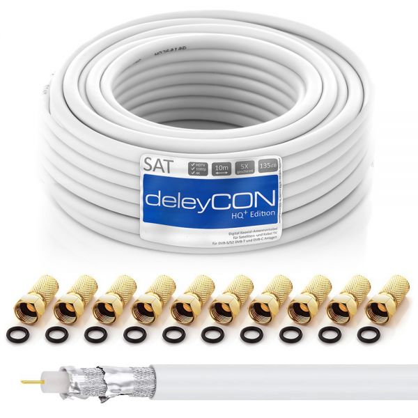 deleyCON 10m HQ+ SAT Kabel HDTV 135dB 5x geschirmt + 10x F-Stecker - vergoldet