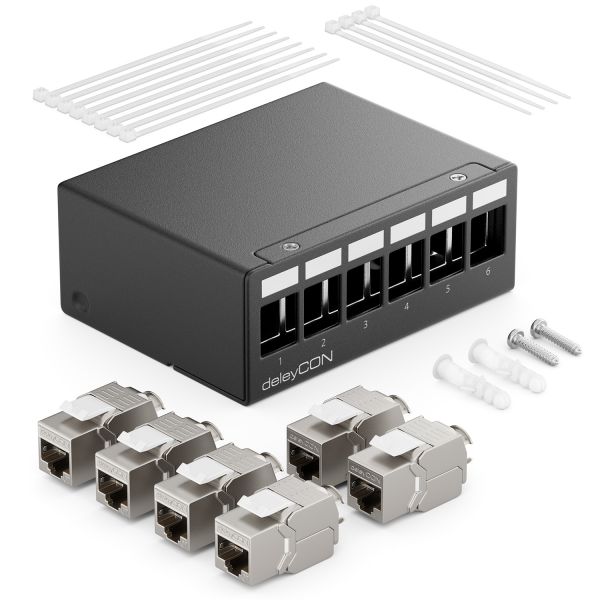 deleyCON 6 Port CAT7 Patchpanel Set mit 6x CAT.7 RJ45 Keystone Jack Modul