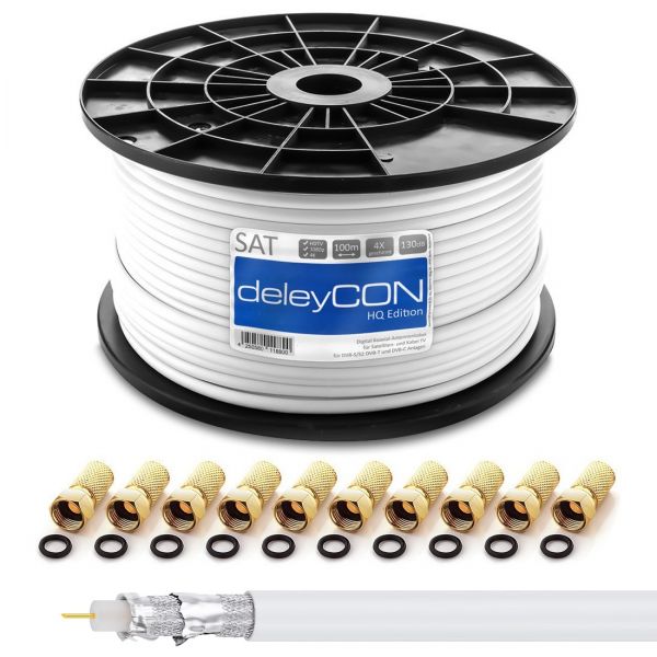 deleyCON 100m HQ SAT Kabel HDTV 130dB 4x geschirmt + 10x F-Stecker - vergoldet