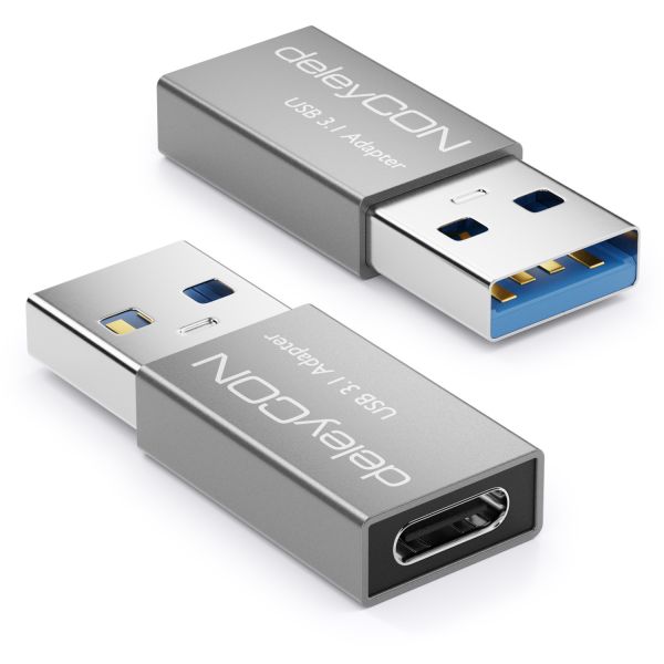 deleyCON 2x USB3.1 Adapter USB A zu USB C-Buchse 5Gbit/s Aluminium Silber