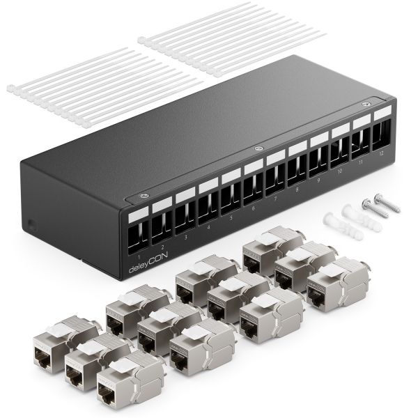 deleyCON 12 Port CAT7 Patchpanel Set mit 12x CAT.7 RJ45 Keystone Jack Modul