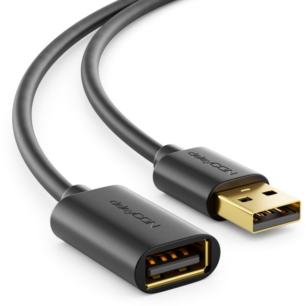 deleyCON 1m USB 2.0 Verlängerungskabel USB A-Stecker zu USB A-Buchse Schwarz