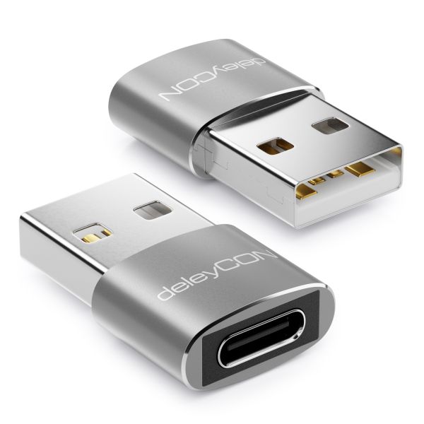 deleyCON 2x USB2.0 Mini Adapter USB zu USB C-Buchse Notebook Aluminium Silber