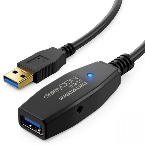 deleyCON 10m Aktive USB 3.0 Kabel Verlängerung mit 2 Verstärker Scanner Drucker