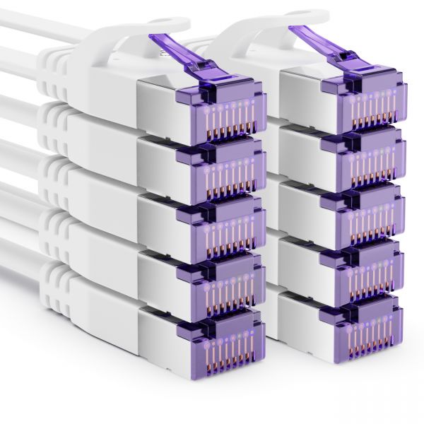 deleyCON 10x 0,5m RJ45 Patchkabel Flachkabel mit CAT7 Rohkabel U/FTP Weiß