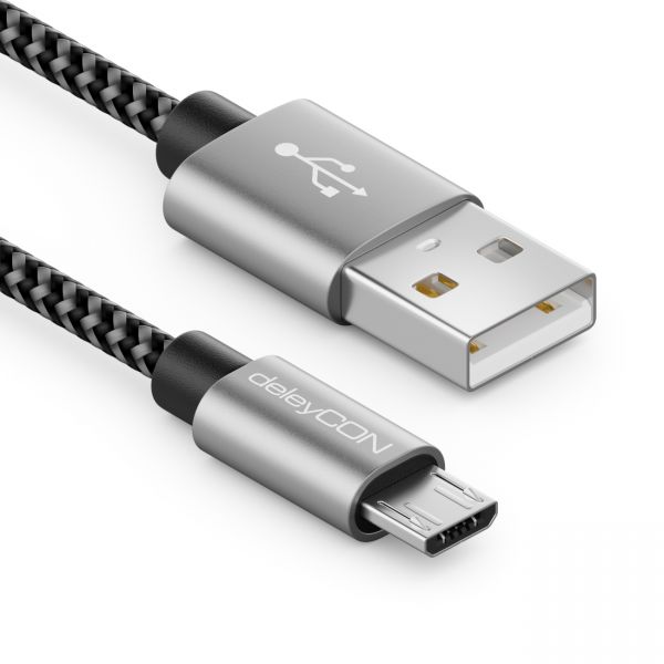 deleyCON 0,3m Micro-USB-Kabel (Nylon, Metallstecker) für Smartphone/Tablet