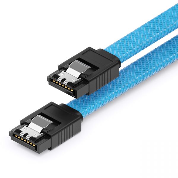deleyCON 30cm SATA 3 Kabel Nylon 6Gbit/s HDD SSD 2 S-ATA L-Stecker Gerade Blau