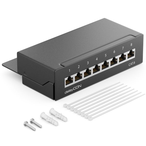 deleyCON CAT6 Patchpanel 8 Port Netzwerk Verteilerfeld geschirmt LSA Schwarz