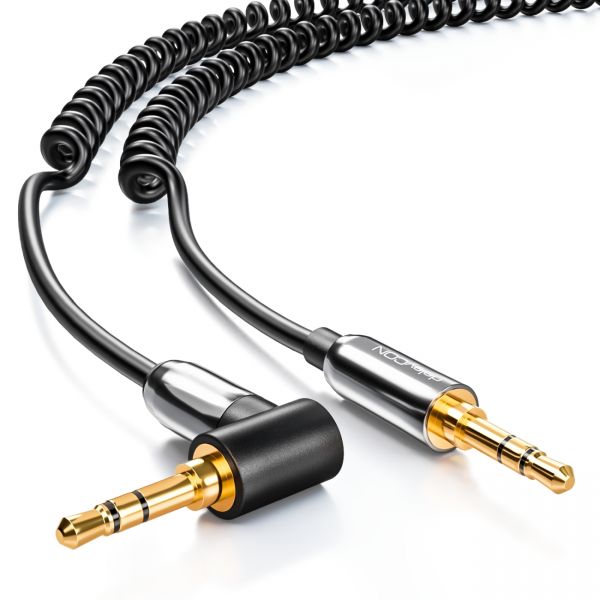 deleyCON 2m Klinken Kabel Spiralkabel 2 x 3,5mm Klinke 1 x 90° abgewinkelt