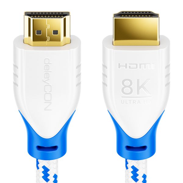 deleyCON 1,5m 8K UHD-2 HDMI 2.1 Nylon Kabel 8K@60Hz 4K@120Hz DTS HDR eARC Weiß