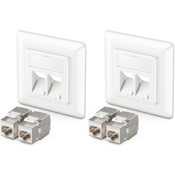 deleyCON 2x Keystone Dose Netzwerkdose mit 4x CAT 6a Keystone Jack Modul weiß