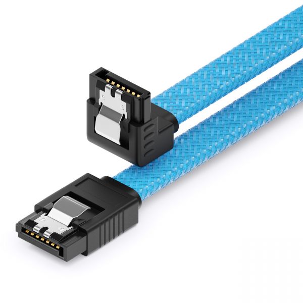 deleyCON 30cm SATA 3 Kabel Nylon 6Gbit/s HDD SSD 1 L-Stecker 90° Gewinkelt Blau