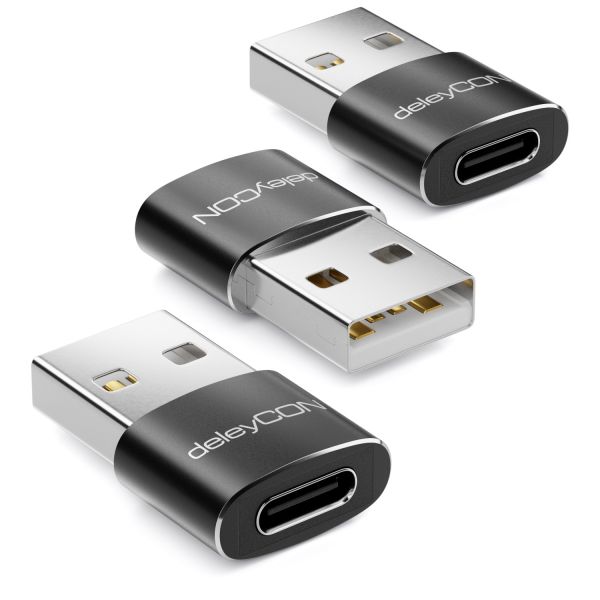 deleyCON 3x USB2.0 Mini Adapter USB zu USB C-Buchse Notebook Aluminium Schwarz