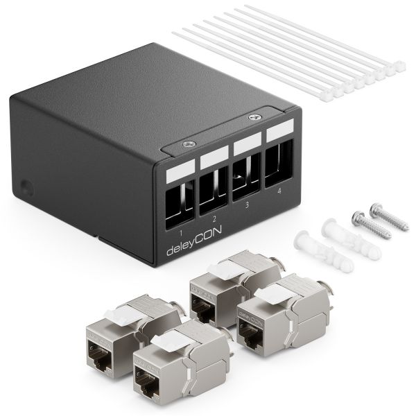 deleyCON 4 Port CAT7 Patchpanel Set mit 4x CAT.7 RJ45 Keystone Jack Modul