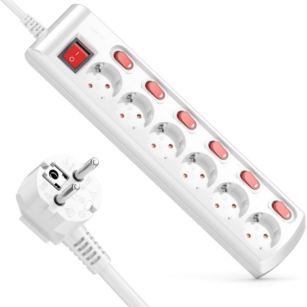 deleyCON 6 Fach Steckdosenleiste 3,0m Kabel 6x Ein/Aus und 1x Hauptschalter