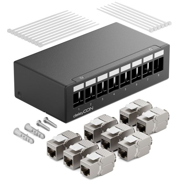 deleyCON 8 Port Patchpanel 1HE + 8x RJ45 Keystone Jack Modul STP CAT6a Schwarz
