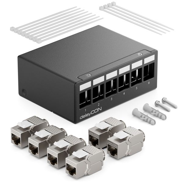 deleyCON 6 Port Patchpanel 1HE + 6x RJ45 Keystone Jack Modul STP CAT6a Schwarz