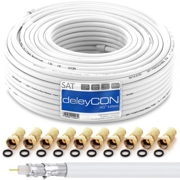 deleyCON 30m HQ+ SAT Kabel HDTV 135dB 5x geschirmt + 10x F-Stecker - vergoldet