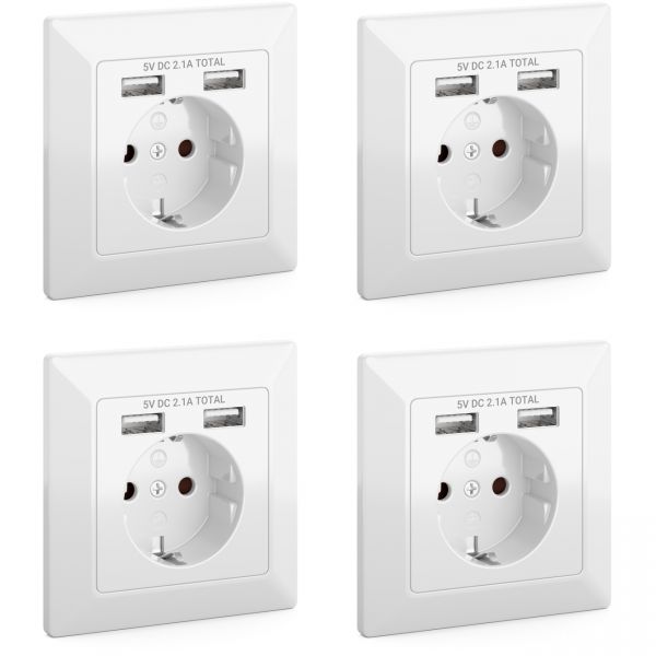deleyCON 4x Einbausteckdose mit 2x USB Wandsteckdose Schutzkontakt Steckdose