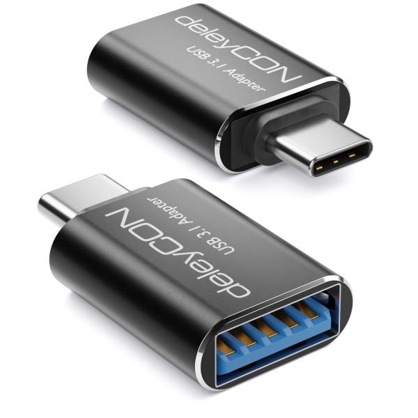 deleyCON 2x USB3.1 Adapter USB C zu USB A-Buchse 5Gbit/s OTG Aluminium Schwarz