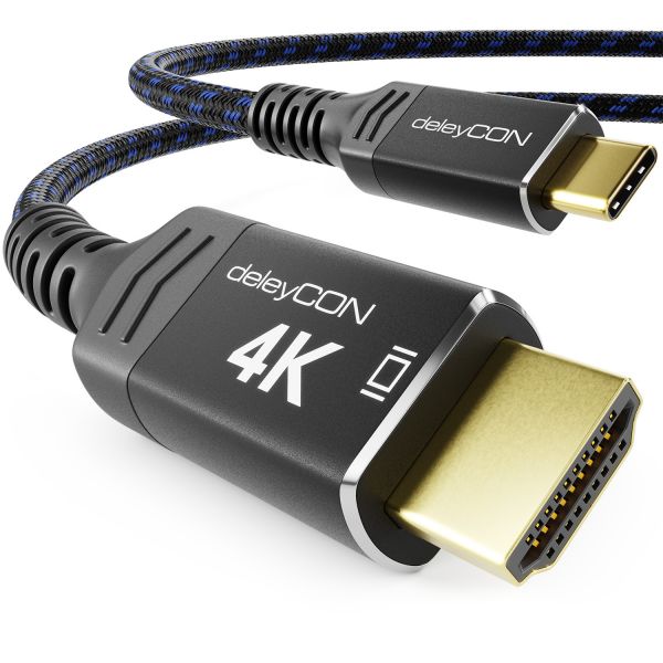 deleyCON 1m 4K USB-C auf HDMI Kabel 4K@60Hz 2K@120Hz Thunderbolt 3/4 Handy PC