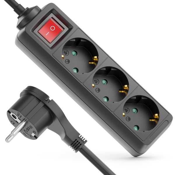 deleyCON 3 Fach Steckdosenleiste mit Flachstecker &amp; EIN/AUS Schalter Schwarz