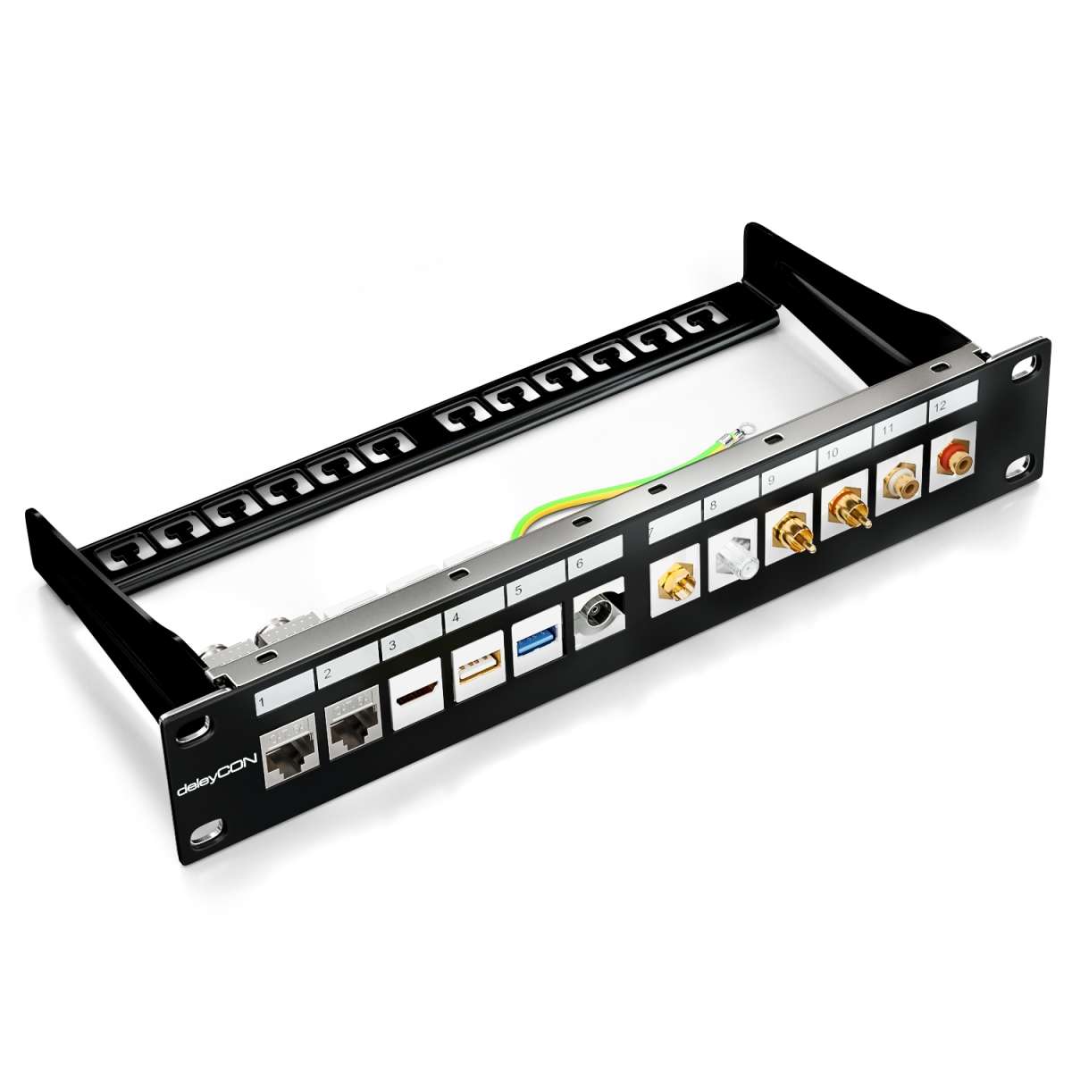 Lumonic 10 CAT7 Patchpanel Keystone-Set – 12 Port, 1HE, Inkl. 12 Module, 10 Gbit/s & PoE – Fertig Fürs Rack