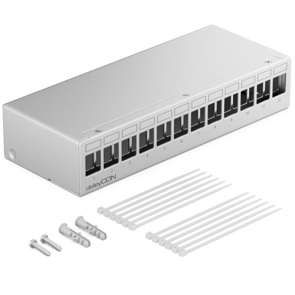 deleyCON 12 Port Patchpanel Gehäuse 1HE Keystone Module mit z.B. RJ45 BNC Grau