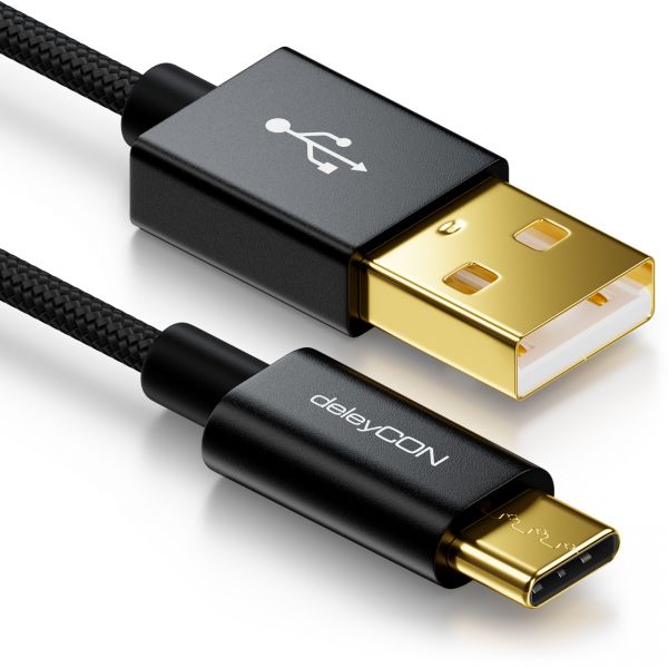 deleyCON USB C Kabel 2m Nylon + Metallstecker auf USB 2.0 (Typ-A) - Schwarz