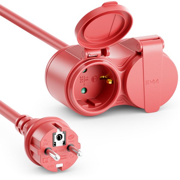 deleyCON 50m Outdoor Verlängerungskabel Stromkabel Stecker auf 2x Buchse Rot