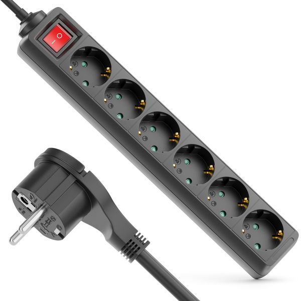 deleyCON 6 Fach Steckdosenleiste mit Flachstecker &amp; EIN/AUS Schalter Schwarz