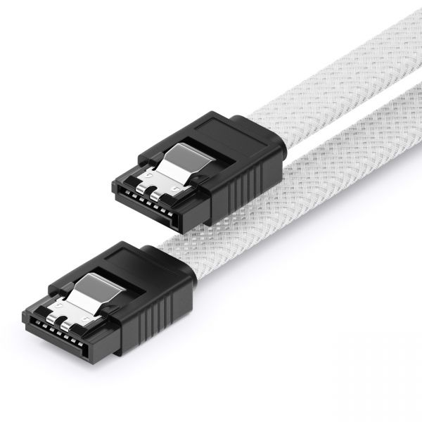 deleyCON 30cm SATA 3 Kabel Nylon 6Gbit/s HDD SSD 2 S-ATA L-Stecker Gerade Weiß