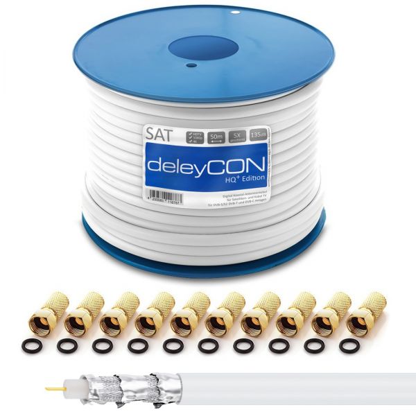 deleyCON 50m HQ+ SAT Kabel HDTV 135dB 5x geschirmt + 10x F-Stecker - vergoldet