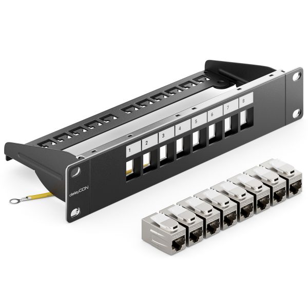 8 Port CAT 7 Patchpanel Modular 1 HE + 8x RJ45 Kupplung Keystone 10" Zoll Rack