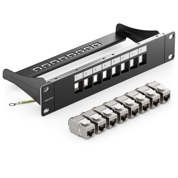 deleyCON 8 Port Patchpanel + 8x Keystone Module im Set 1HE 10 Zoll Schwarz