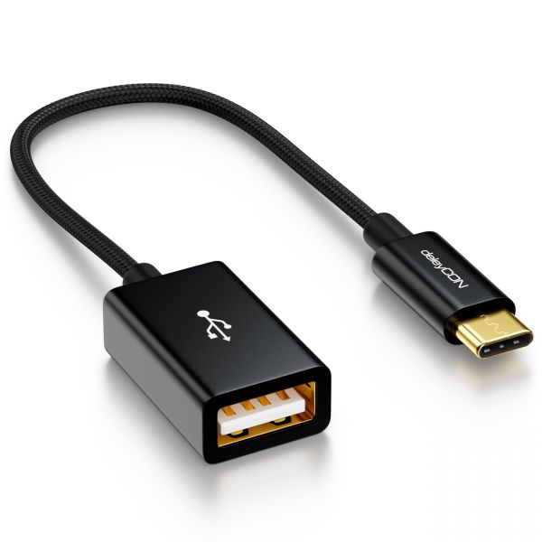 deleyCON 0,1m USB C auf USB A OTG Adapter / Nylon + Metallstecker - Schwarz
