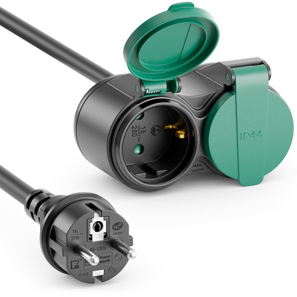 deleyCON 25m Outdoor Verlängerungskabel Stromkabel Stecker zu 2x Buchse Schwarz