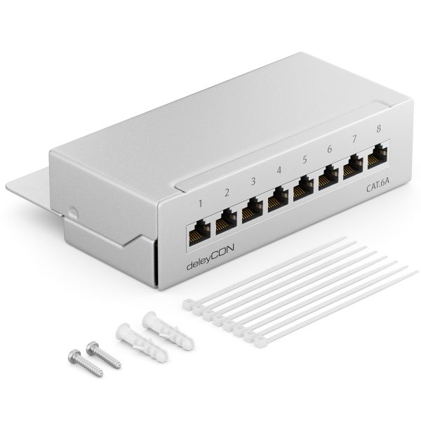 deleyCON CAT6a Patchpanel 8 Port Netzwerk Verteilerfeld geschirmt LSA Lichtgrau